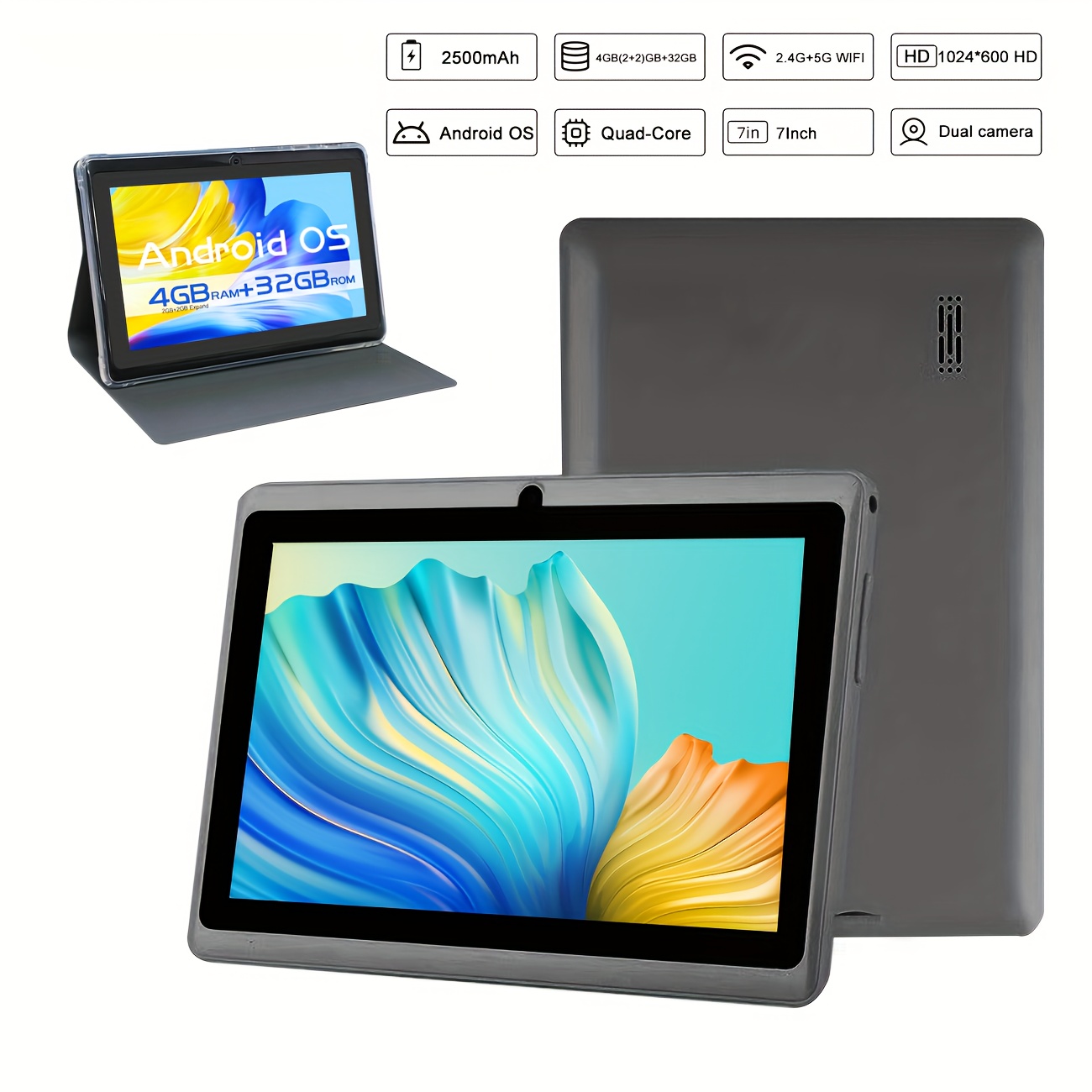 CR 7-Inch Android Tablet RAM 4GB (2GB+2GB Expand), 32GB ROM, Quad-Core High-Frequency Processor, HD IPS Display, Dual Camera, 2.4G+5G WiFi, with Case(Grey, Pink, Blue) Can Options, Pad Tablet for Learing, Gift, Entertainment - Image 3