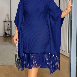 Plus Size, Batwing Sleeve Plus Size Fitted Fringe Dress