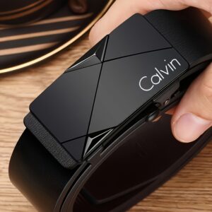 CALVIN Men's Automatic Buckle Belt - Glossy Black PU Leather with Golden-Tone Alloy Closure, One-Touch Fastening Belt for Business, Formal & Casual Attire - Ideal Father's Day, Birthday, Anniversary Gift - Durable Men's Accessory, Office Attire, Geometric Pattern, Premium Finish, Professional Men