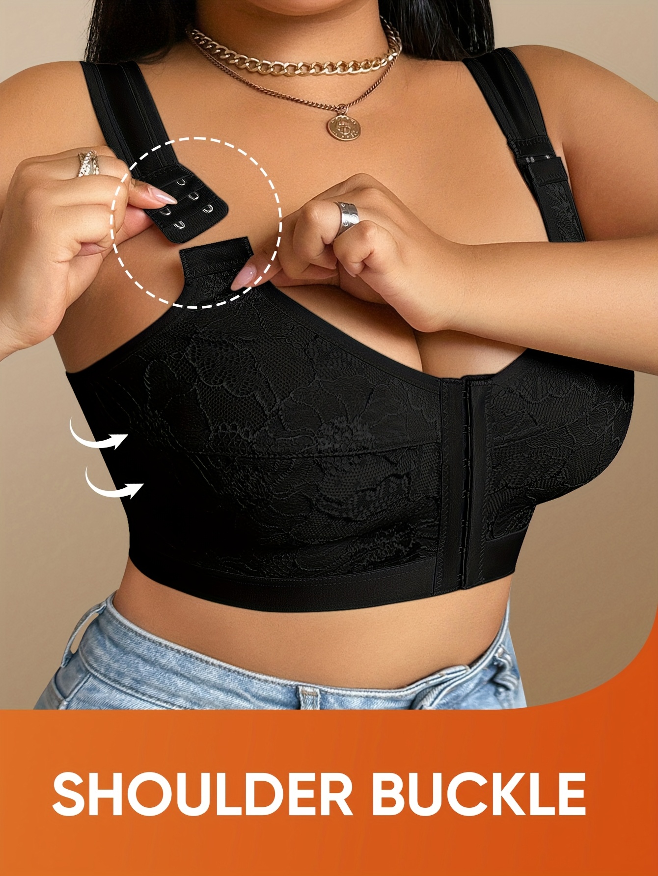 Plus Size Caramel Seamless Wireless Bra for Women - Full Coverage, Sizes 0XL-4XL Available, Lace Craftsmanship, No Padding, Medium Elasticity, Solid Color Front Closure Design, Soft Texture, Body-Fitting Anti-Sagging, Comfortable Seamless Bra, Hand - Image 5