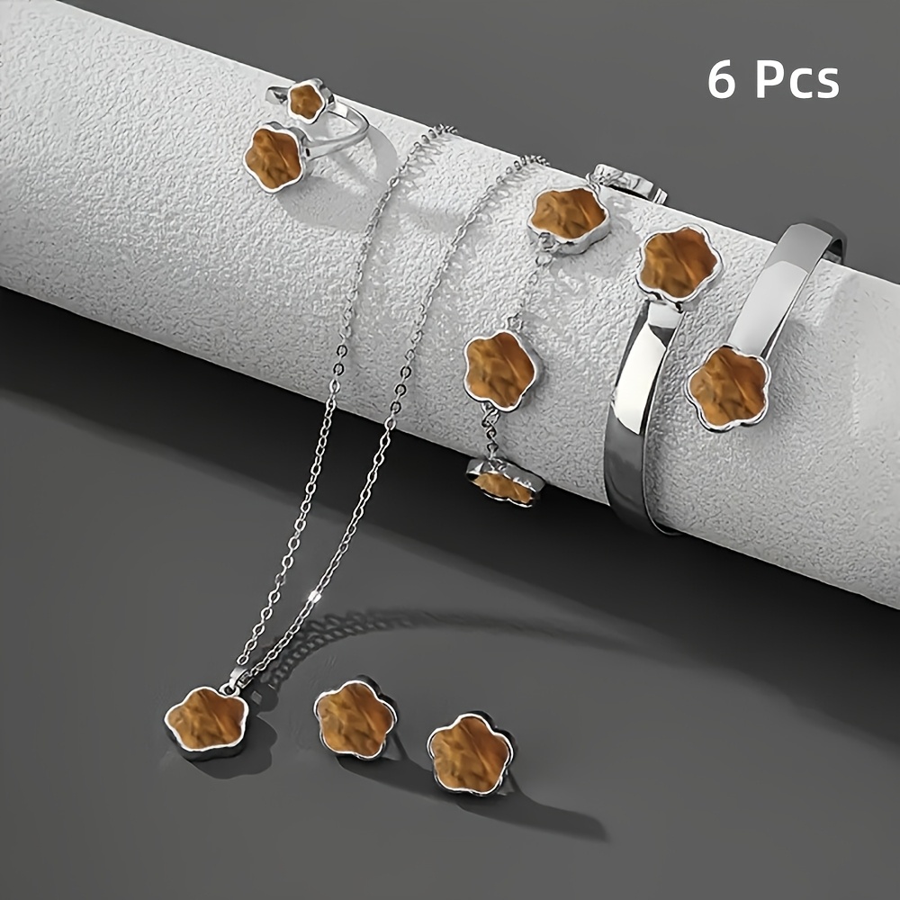 6pcs Lucky Flower 6pcs Jewelry Set: Pendant, Ring, Bracelet, Earrings & Floral Pieces - Image 6