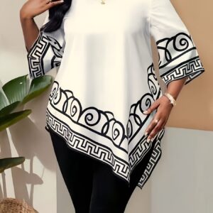 Plus Size - Women'S Plus Size 3/4 Sleeve Shirt with Irregular Hem and Printed Pattern | Elegant Crew Neck, Non-Stretch Fabric, All-Season Wear