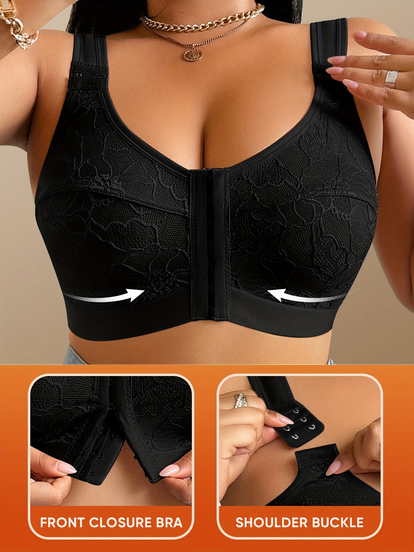 Plus Size Caramel Seamless Wireless Bra for Women - Full Coverage, Sizes 0XL-4XL Available, Lace Craftsmanship, No Padding, Medium Elasticity, Solid Color Front Closure Design, Soft Texture, Body-Fitting Anti-Sagging, Comfortable Seamless Bra, Hand - Image 11