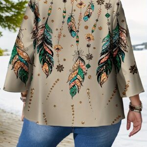 Plus Size - Oversized Women'S Sequined Printed Crew Neck T-Shirt with 3/4 Sleeves | Non-Stretch, Bohemian Ethnic Style, Floral Pattern, Suitable for Spring/Fall