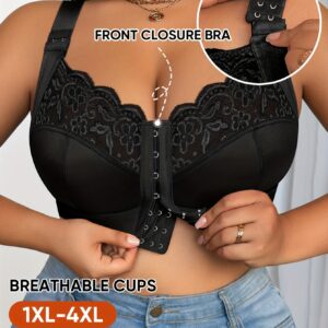 1pc Women's Plus Size Wire-Free Bra, Front Closure Design, Lift & Gather, Lightweight No Pads, Firm Support