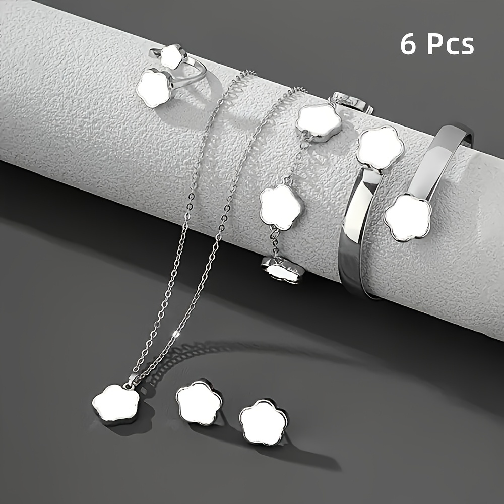 6pcs Lucky Flower 6pcs Jewelry Set: Pendant, Ring, Bracelet, Earrings & Floral Pieces - Image 5