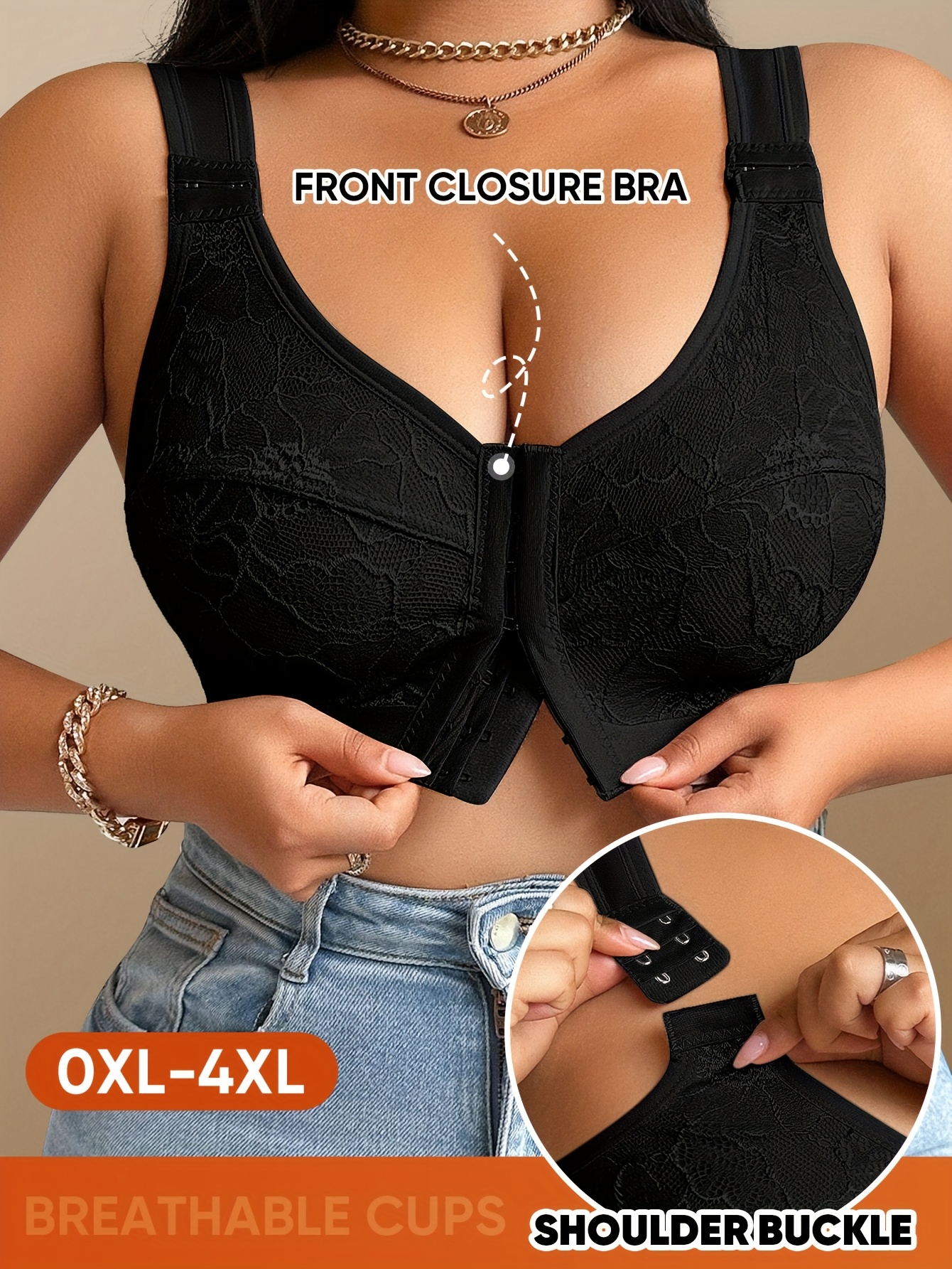 Plus Size Caramel Seamless Wireless Bra for Women - Full Coverage, Sizes 0XL-4XL Available, Lace Craftsmanship, No Padding, Medium Elasticity, Solid Color Front Closure Design, Soft Texture, Body-Fitting Anti-Sagging, Comfortable Seamless Bra, Hand - Image 2