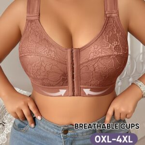 Plus Size Caramel Seamless Wireless Bra for Women - Full Coverage, Sizes 0XL-4XL Available, Lace Craftsmanship, No Padding, Medium Elasticity, Solid Color Front Closure Design, Soft Texture, Body-Fitting Anti-Sagging, Comfortable Seamless Bra, Hand