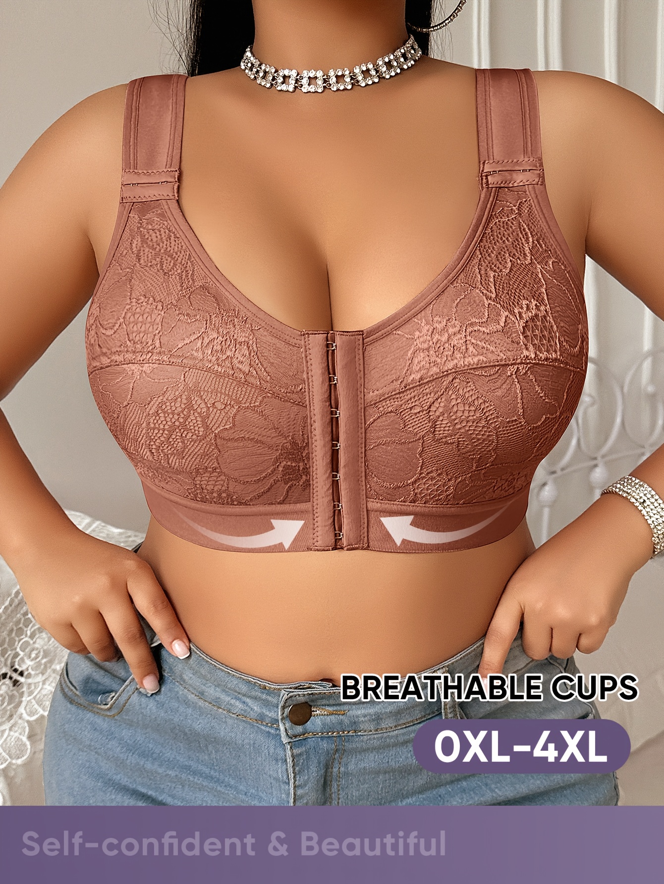 Plus Size Caramel Seamless Wireless Bra for Women - Full Coverage, Sizes 0XL-4XL Available, Lace Craftsmanship, No Padding, Medium Elasticity, Solid Color Front Closure Design, Soft Texture, Body-Fitting Anti-Sagging, Comfortable Seamless Bra, Hand